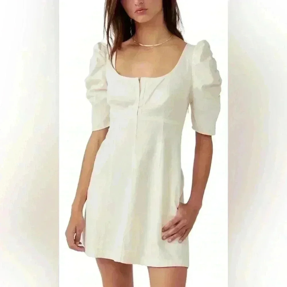 Free People Cream Mini Dress with Puff Sleeves